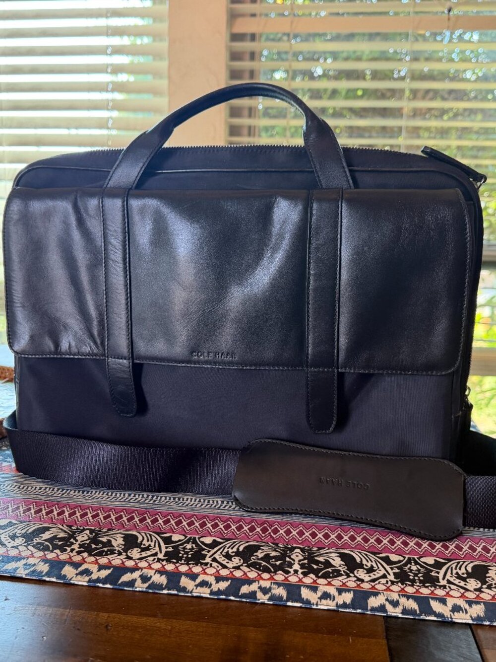 Cole Haan Black Leather and Nylon Messenger Laptop Bag, Preowned Excellent